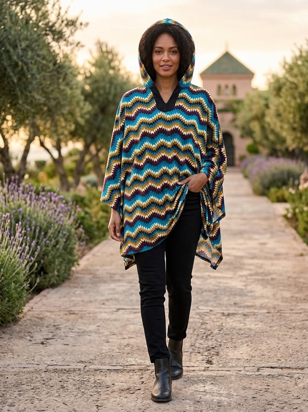 Patterned Hooded Poncho Cape with Black Chest Detail fits from M to 1X